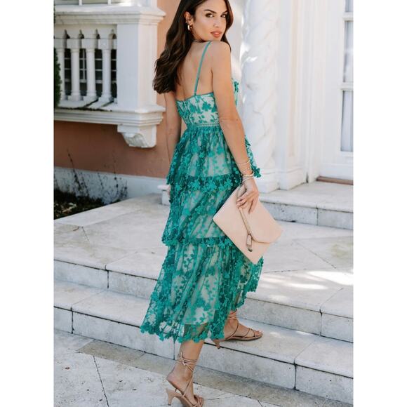 VICI Pascal Tiered Crochet Lace Midi Dress Teal Green XS - Picture 3 of 12